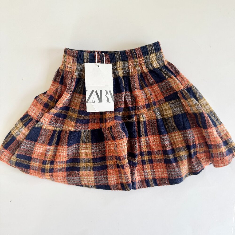 NWT Zara Plaid Tiered Skirt Rust Navy Fall 2T 3T